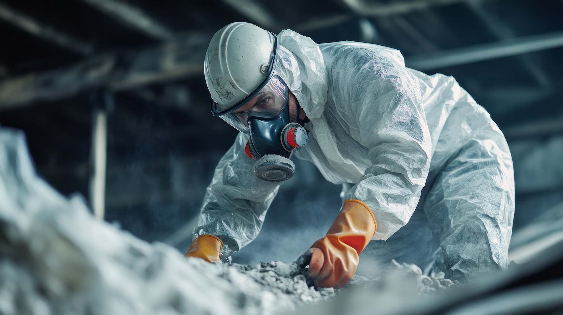 A worker in protective gear, including a mask and gloves, handles debris during hazardous waste permitting in an industrial setting.
