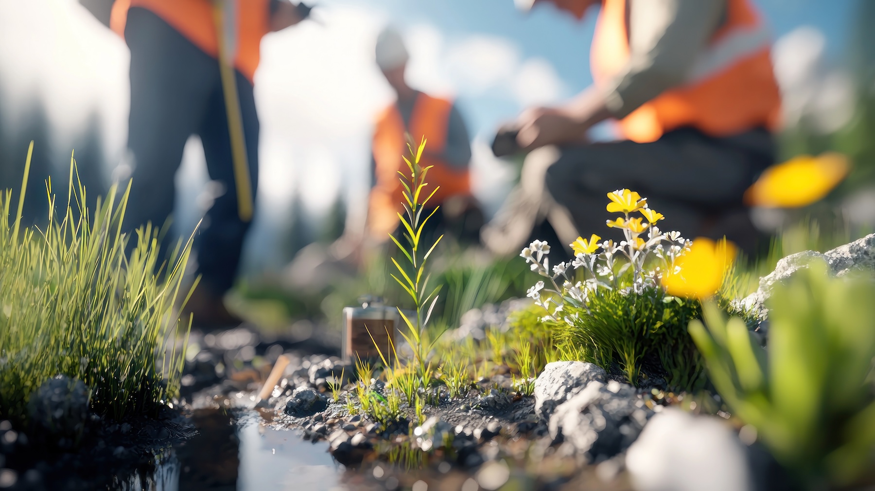 Three people in safety vests conducting soil remediation fieldwork near wildflowers.